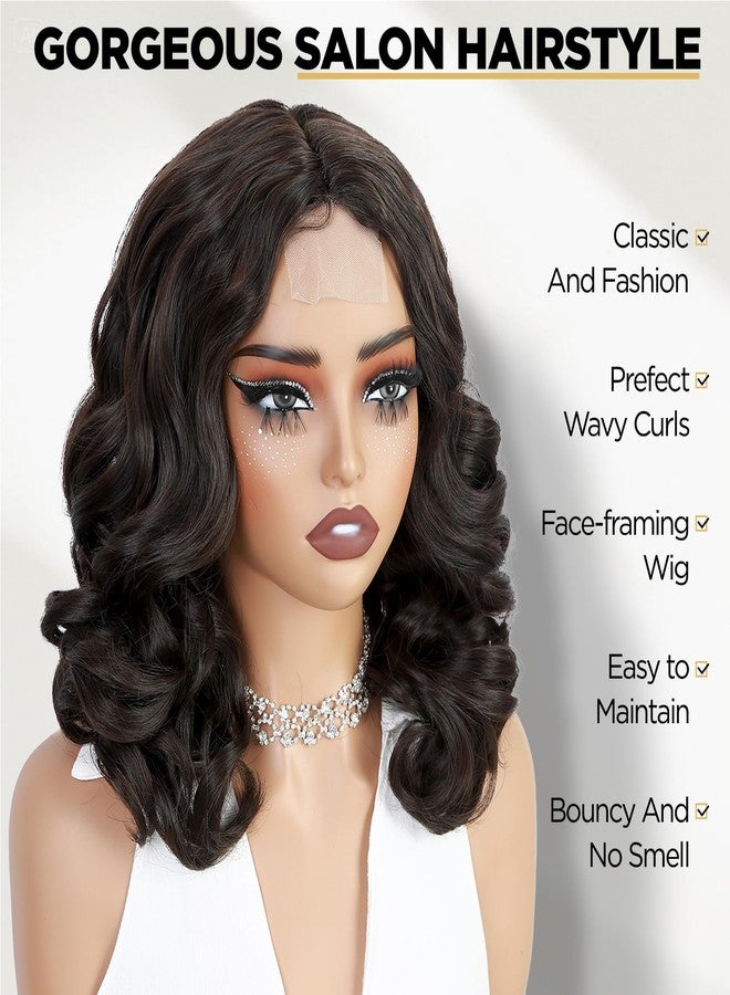 WIGER Lace Part Black Body Wave Hair Wig Dark Brown Short Wavy Wigs for Women 16 Inch Middle Part Shoulder Length Bob Wigs Loose Wave Hair Synthetic Curly Wig for Daily or Party - Image 5